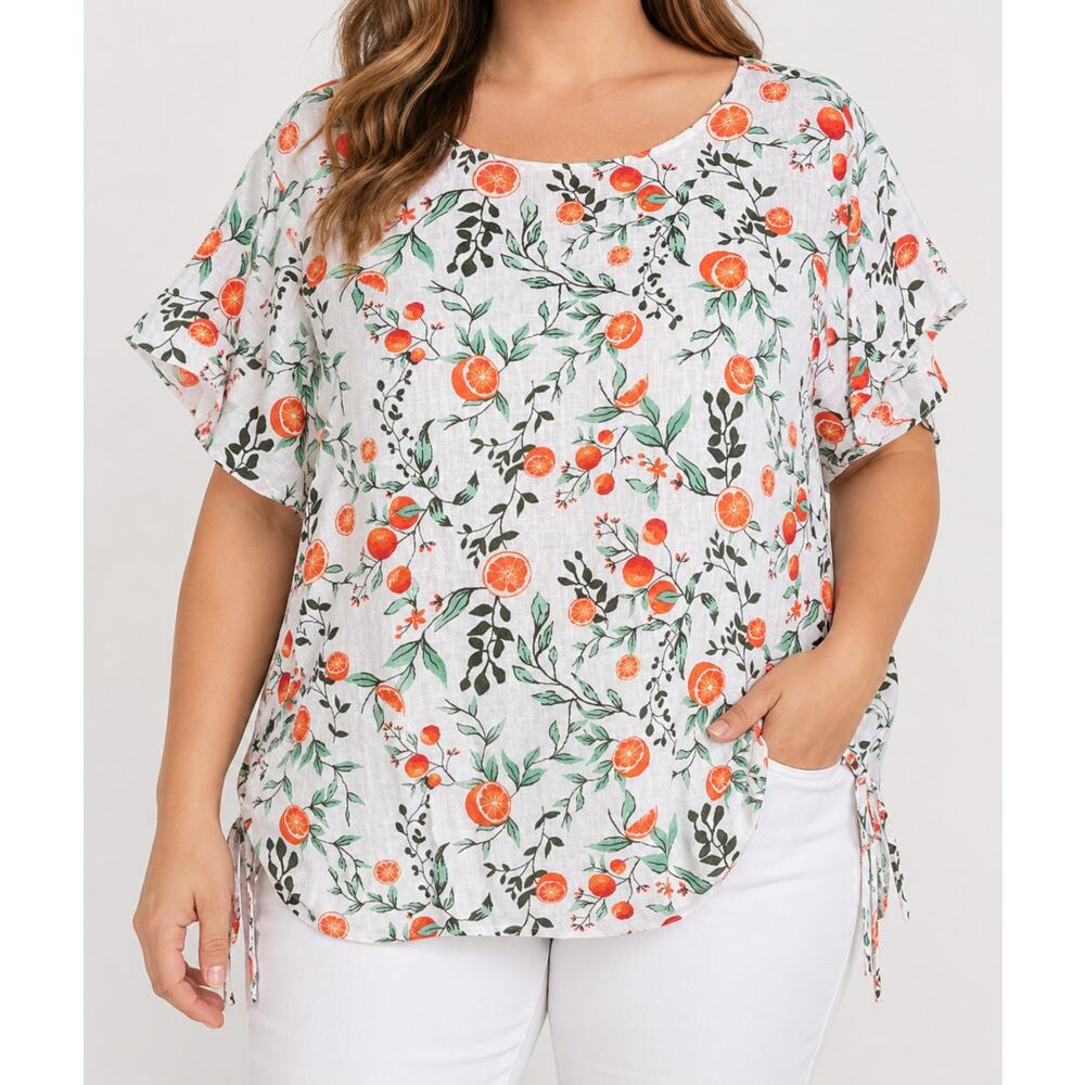 Joie 2X 100% Linen Tunic Top Orange Citrus Dolman GrandmaChic Side Tie
